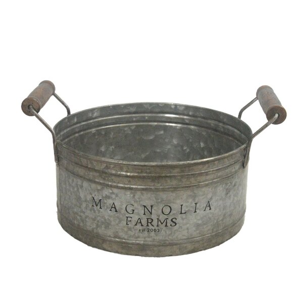 Magnolia Farms Galvanized Tin Metal Bucket with Wood Handles - Picture 1 of 4